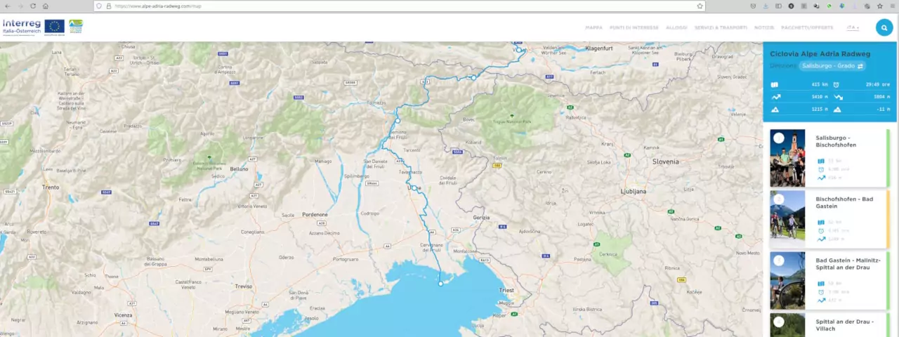 Il tracciato della Ciclovia Alpe Adria sul sito ufficiale